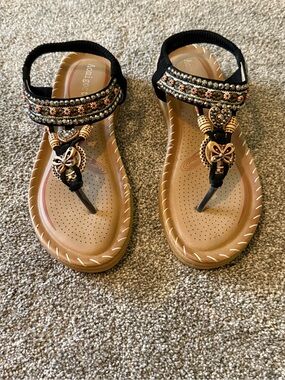Aomigoct Women's Size 39 Bohemian Black Leather Beaded Sandals